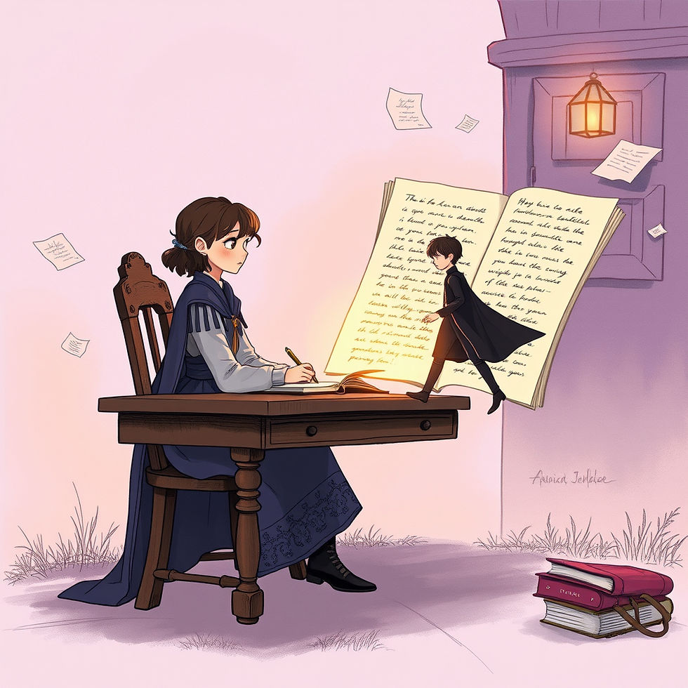 Fantasy illustration of an author watching her main character step out of the pages of a manuscript, symbolizing how fictional characters develop their own voice during the writing process in The Puppet King.