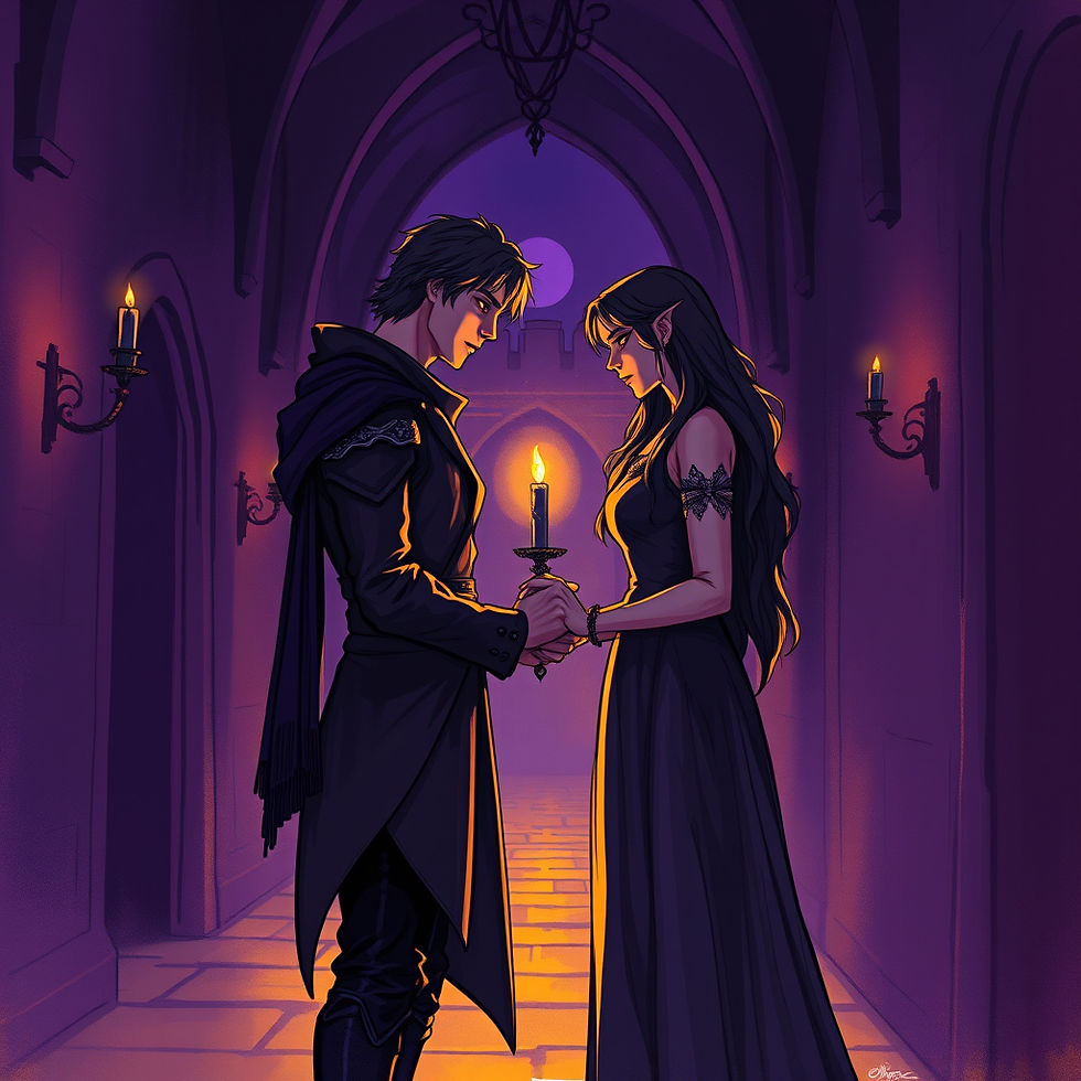 Dark fantasy couple standing close together in a candlelit palace corridor, filled with romantic tension, longing, and yearning, with purple and gold tones creating an emotional slow-burn fantasy atmosphere.