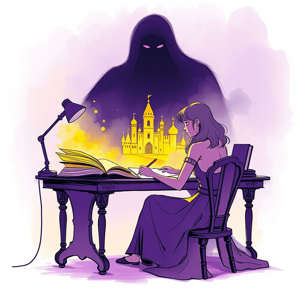 Illustration of a writer creating a fantasy world from an open book while a shadow figure stands behind her, symbolizing creativity and self-discovery
