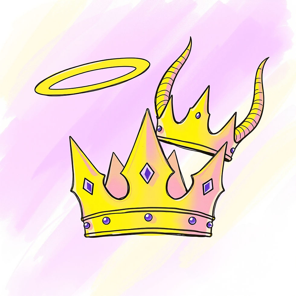 Symbolic crown with halo and horns representing Alistair in The Puppet King, a dark fantasy character between good and evil.