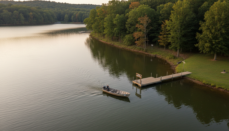 High-angle view of a small boat approaching a permitted dock on a calm local lake.