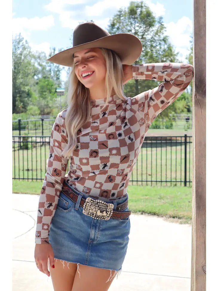 Thumbnail: Rodeo Checkers Long Sleeve Mesh Top