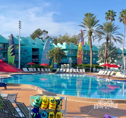 Photo of Surfboard Bay pool with larger than life surfboards in background