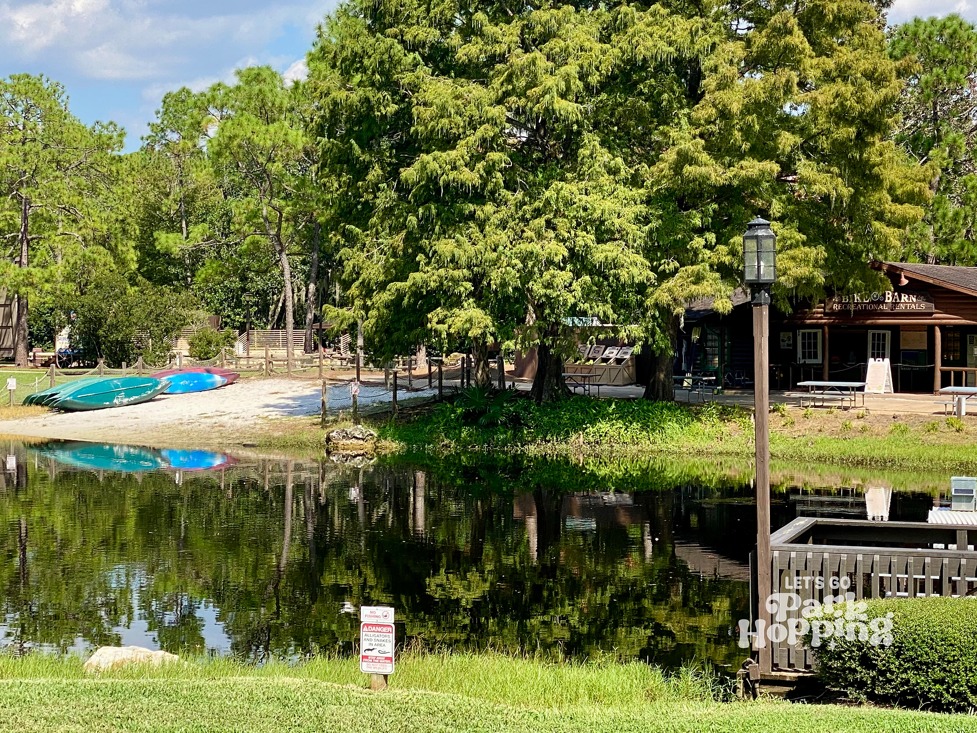 Kayaks on beach surrounded by trees and a river