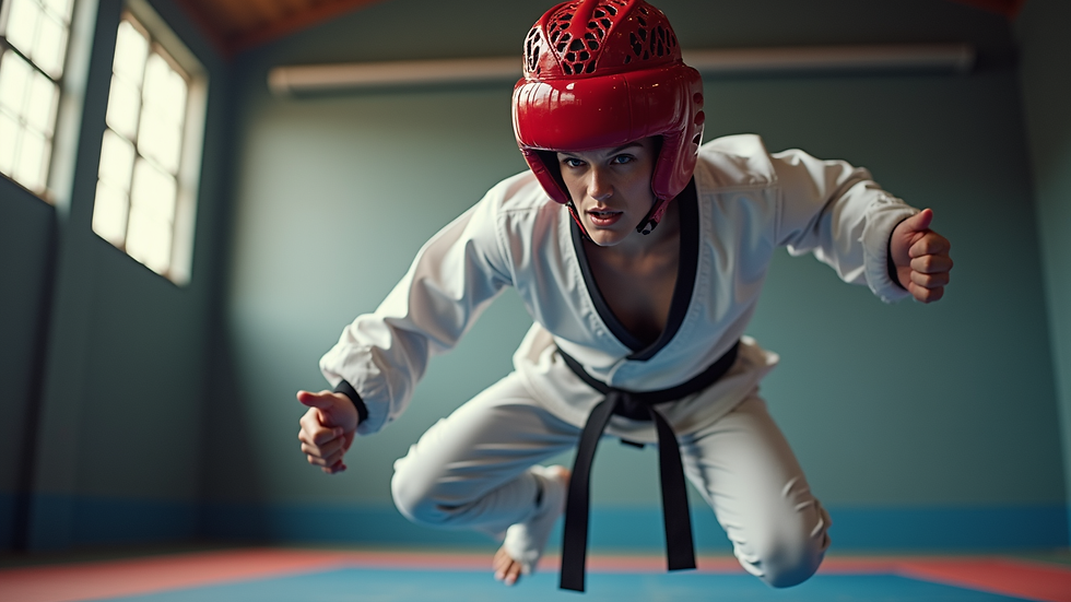 Close-up view of a Taekwondo athlete doing plyometric jump training