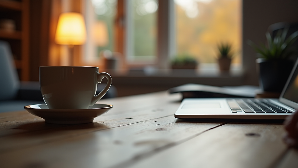 Eye-level view of a cozy writing desk with a laptop and a cup of coffee