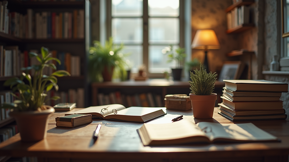Eye-level view of a cozy workshop room with books and writing materials
