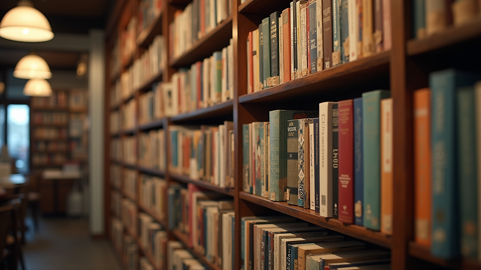 Eye-level view of a cozy bookstore shelf filled with Spanish literature