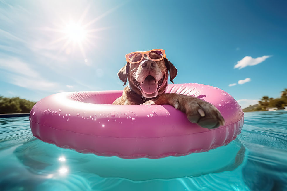 A chocolate labrador retriever wearing orange sunglasses while floating down a river in Florida on a bright pink inner tube.
