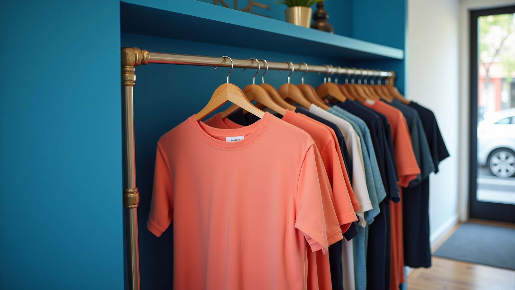 Coral and navy t-shirts on display