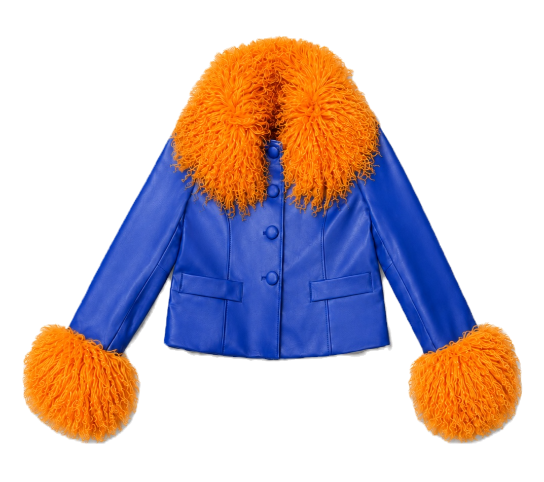 Electric Blue Leather Orange Fur Jacket