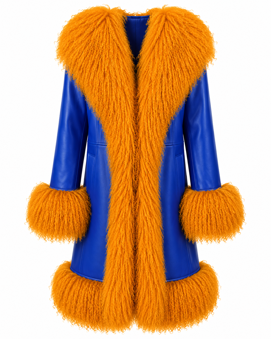 Electric Blue Leather and Orange Fur Coat