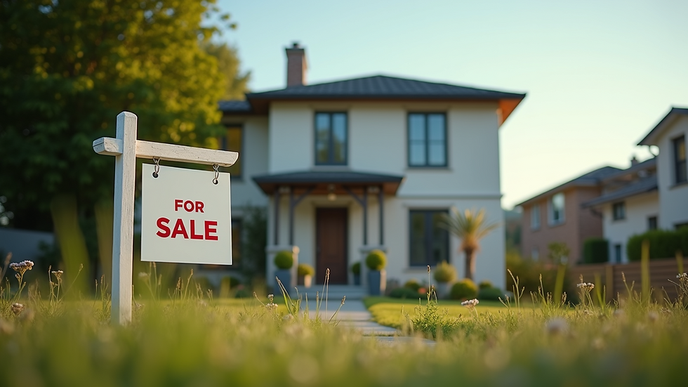 Eye-level view of a modern house with a "For Sale" sign in front