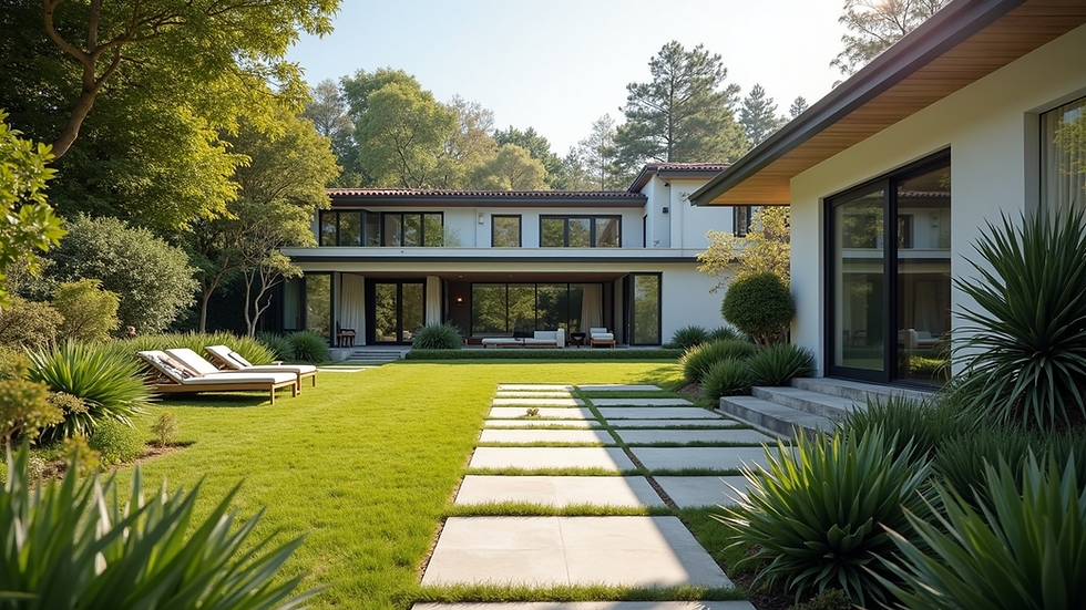 Eye-level view of a modern residential property with a well-maintained garden