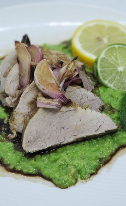 Spring Balsamic Pork Tenderloin with Mint Pea Puree!