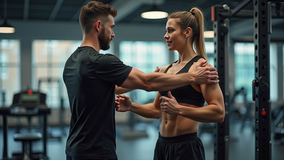 Eye-level view of a personal trainer guiding a client during a workout