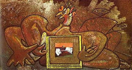 Max Ernst. Loplop Introduces Loplop. 1930 - Oil and various materials on wood. 100 x 180 cm. The Menil Collection, Houston, Texas
