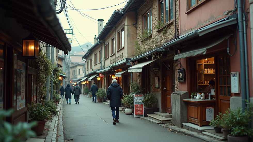 High angle view of a bustling street with shops and a cozy apartment above