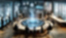 A modern team meeting around a holographic AI central hub in a high-tech office.