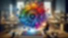 An artist in a cluttered studio surrounded by a colorful burst of design icons.