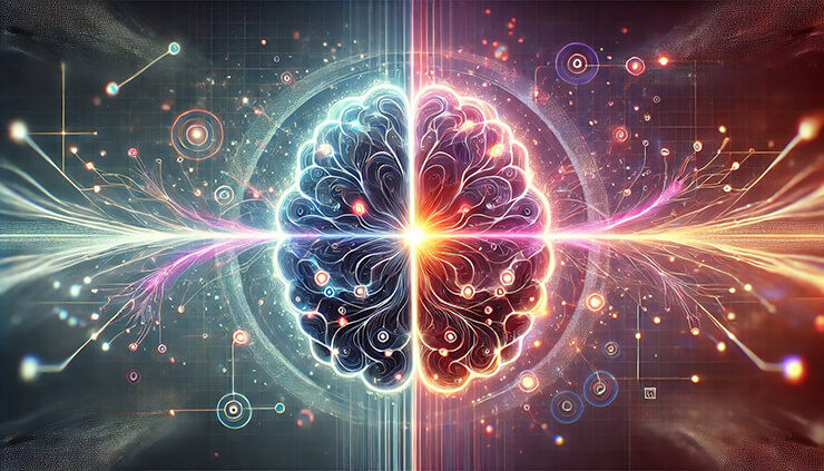 A futuristic brain split into two glowing sides: neural networks and symbolic logic, blending in the center with digital streams and geometry.