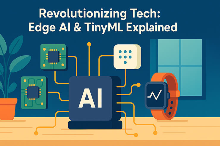 AI-themed illustration with tech icons, a digital watch, and plants against a blue background. Text: Revolutionizing Tech: Edge AI & TinyML Explained.
