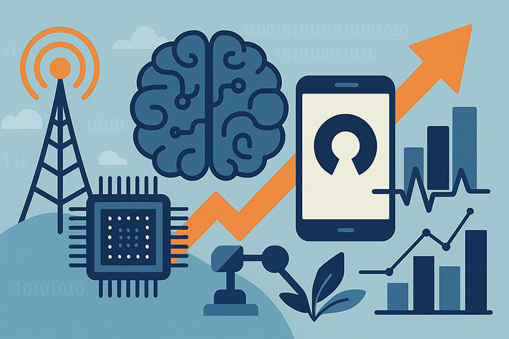 Tech-themed illustration with brain, circuit, and phone icons, orange arrow rising, graphs, tower, and binary code, symbolizing innovation.