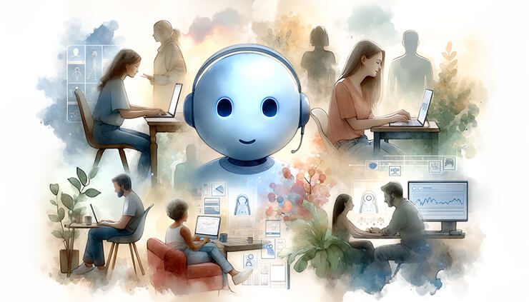 Watercolor illustration of diverse people using Koala AI in different settings, soft and inviting atmosphere.