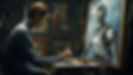 Woman painting with robot, cinematic elegance and timeless artistry.
