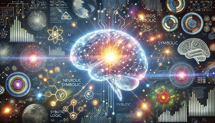 Futuristic glowing brain merging neural networks and symbolic logic, surrounded by abstract real-world elements like robotics and nature.