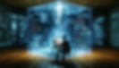 User amidst glowing code; the intersection of virtual and reality.
