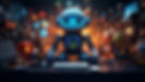 A cartoon robot sits at a table with logos around it showcasing AI Logo Generator