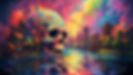 Colorful skull over city with trees in fluid landscape style