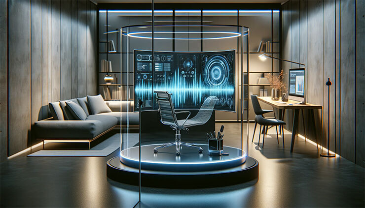Futuristic transparent computer screen with dynamic 3D soundwave visualization in a modern office setting.