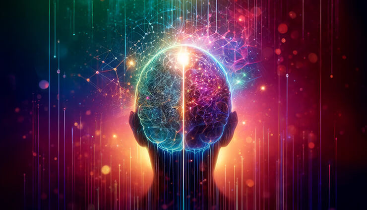 Surreal brain suspended in space, glowing neural webs on one side and intricate geometric symbolic patterns on the other, dreamlike and vibrant.