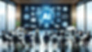 Diverse businesspeople observing AI presentation slides on a large screen in a modern meeting room.