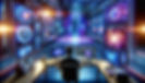 User in a virtual environment exploring 3D AI photo editing features, with interactive displays of real-time editing, color correction, in a vibrant high-tech setting with blues and purples.