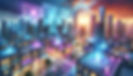 Urban landscape with smart buildings interconnected through AI. Overhead displays show real-time market analytics, blending physical and digital worlds, in vibrant neon colors.