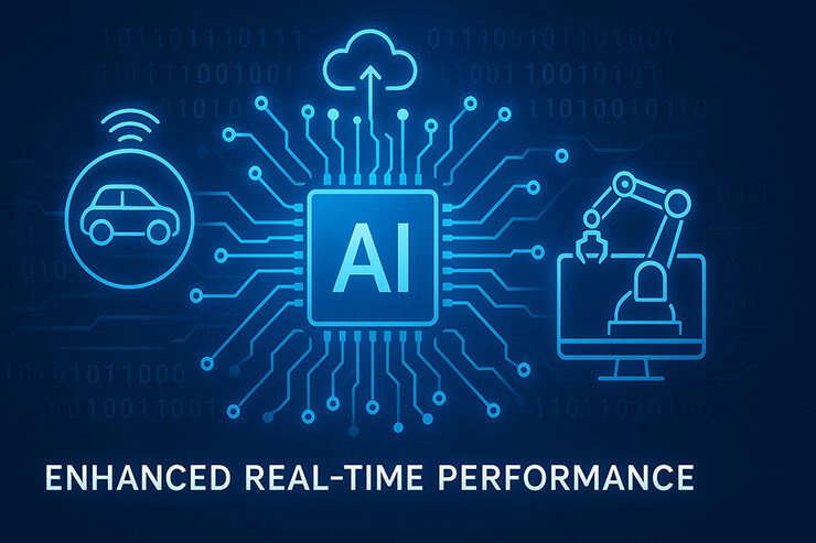 AI chip with circuit lines connected to car, cloud, robot arm icons. Binary code background. Text: "ENHANCED REAL-TIME PERFORMANCE".