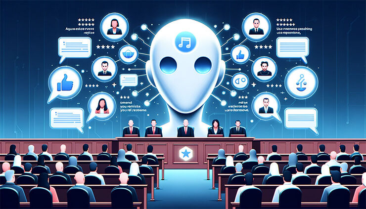 Virtual courtroom assessing with AI judges and user testimonials.