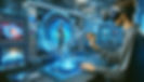 User in VR gear interacting with a 3D holographic photo editing interface, showcasing advanced AI tools in a sleek, high-tech environment with shades of blue and silver.
