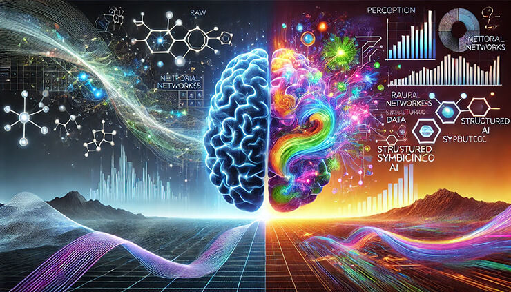 A brain split into glowing digital streams on one side and structured symbolic diagrams on the other, merging seamlessly into an abstract landscape.