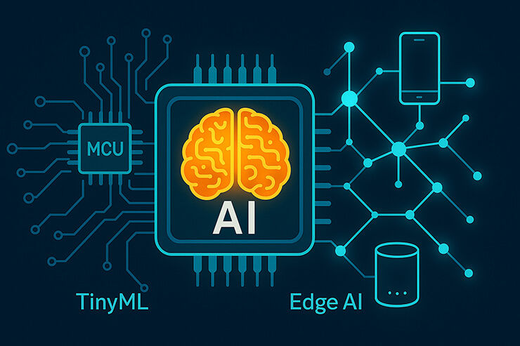 AI brain illustration on a microchip, labeled TinyML and Edge AI. Blue circuit lines and a smartphone connect various tech icons on a dark background.