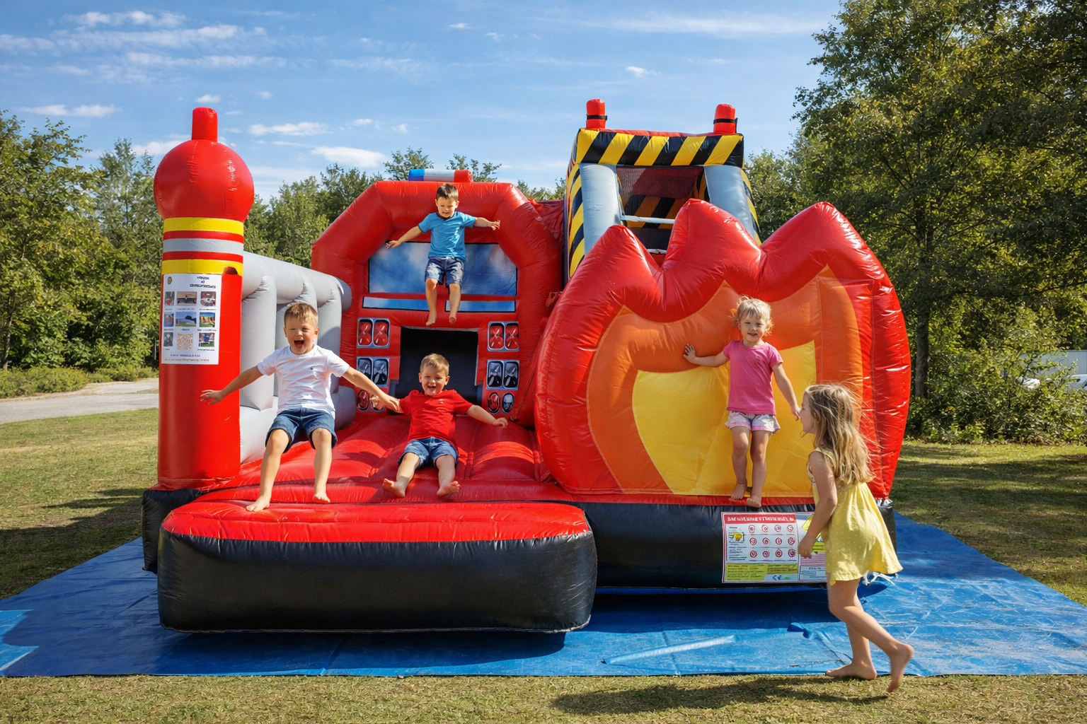 Kinder auf einer Feuerwehr Hüpfburg bei einem Kindergeburtstag in Erkelenz