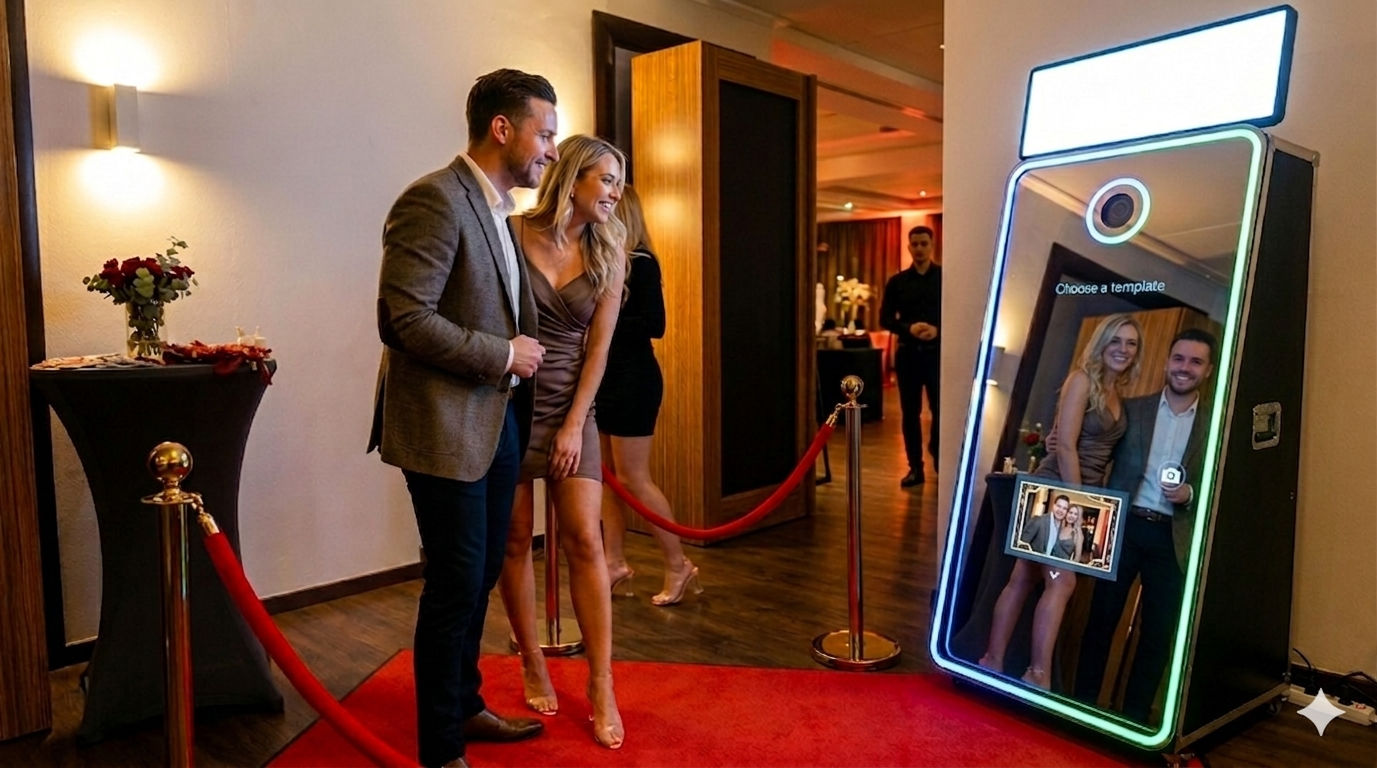 2 Hochzeitsgäste vor einem Selfiespiegel in Viersen