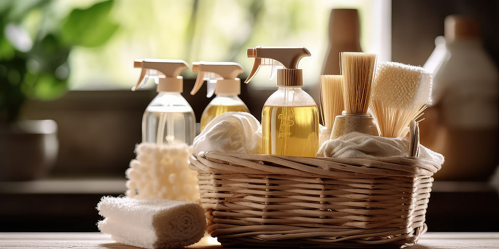 basket filled with natural, eco-friendly cleaning products on kitchen counter