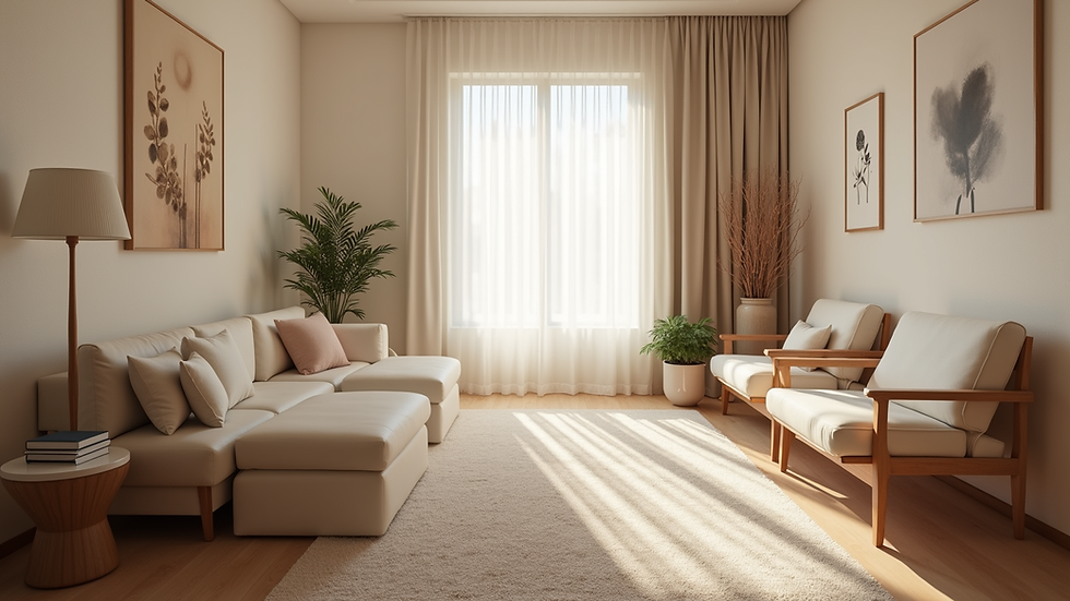 Eye-level view of a serene therapy room with comfortable seating