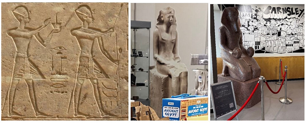 Hatshepsut in front of her male co-ruler in identical war crowns, kilts & bull’s tails, her replicated statues in nemes headcloths presiding over the museum shop & Glassworks centre (© I.Trumble)