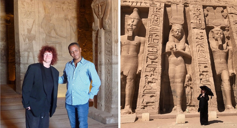 At Nefertari’s temple with Ahmed & Jo in 2014 (© Lion Television) & back again in 2026 (© I.Coyne)