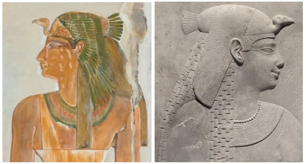 Vulture crown worn by Senseneb (L) down to Ptolemaic times (R) (Art Institute of Chicago, public domain)